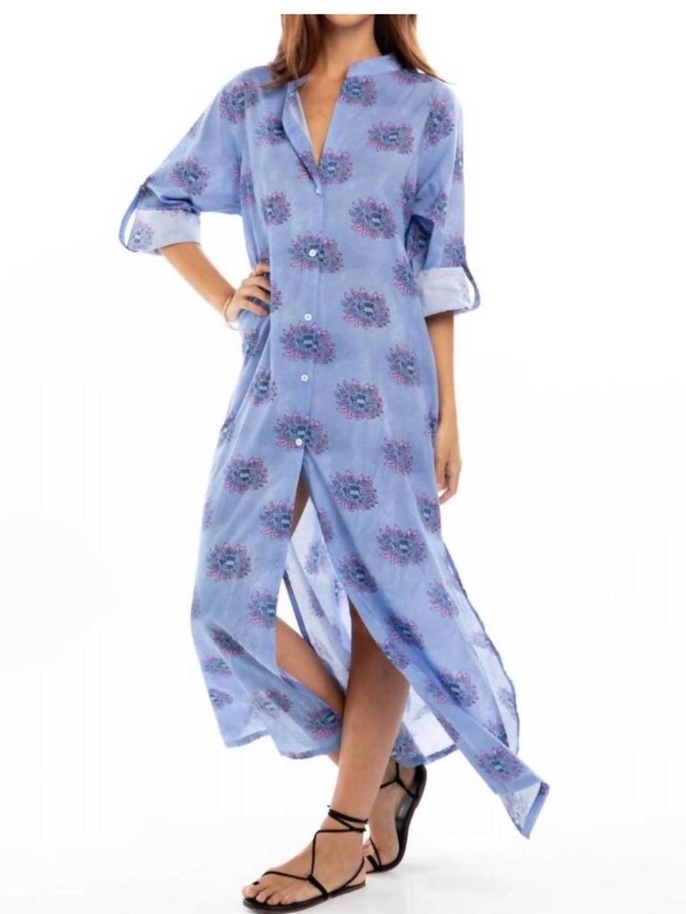 BINDU gaby tunic shirt dress in periwinkle blue pink sz S button front